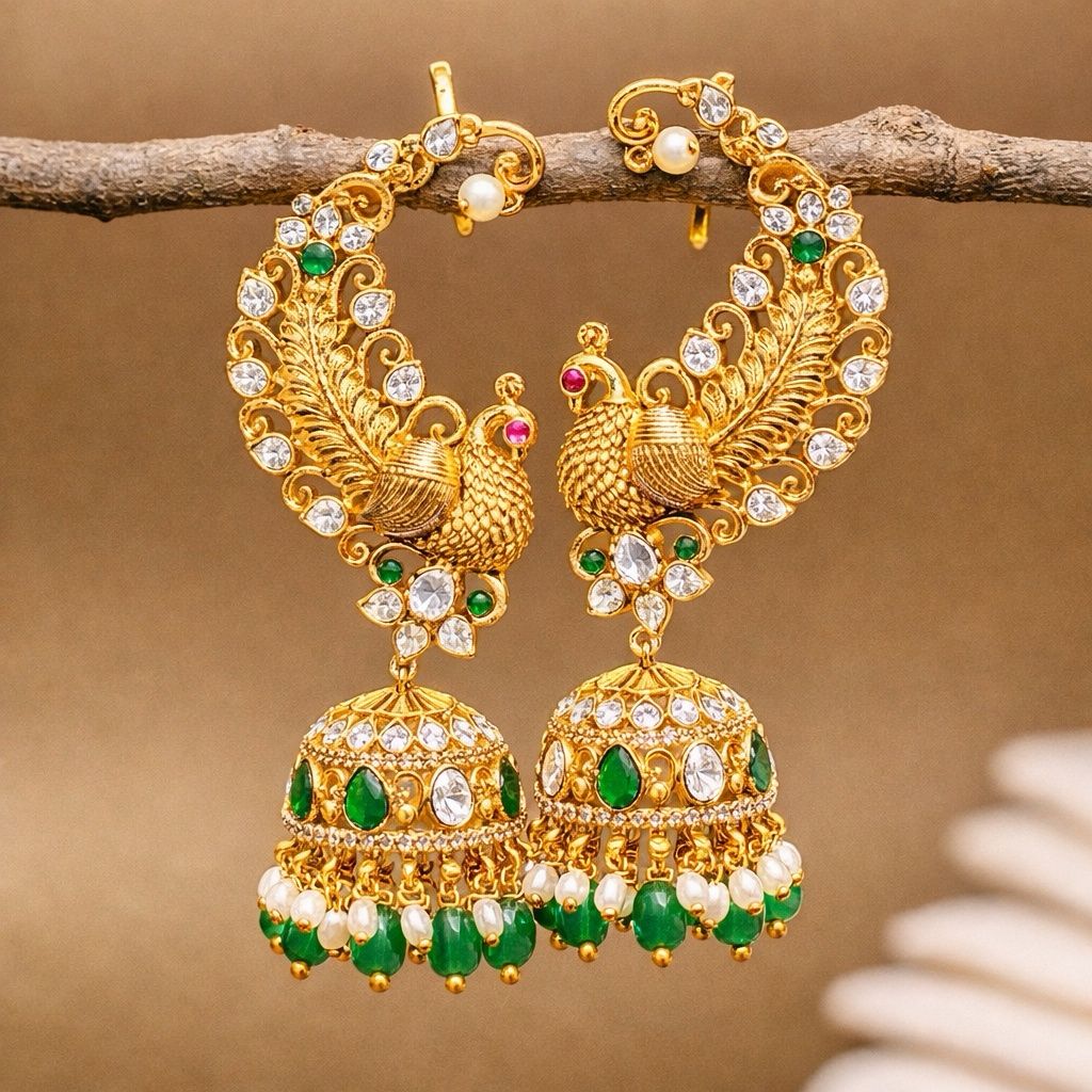 Premium Quality Peacock Design  Earcuff Jhumka With Green Caret Hydro Beads J0048-CS63