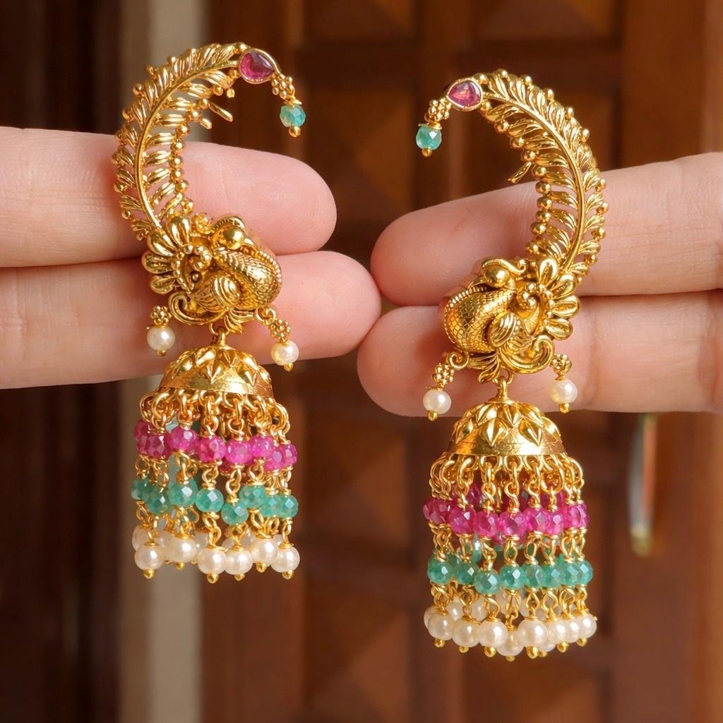Premium Quality Jhumka  With Traditional Peacock Pattern with hanging Pink and Green Crystal Beads also Pearls J0050-CS44