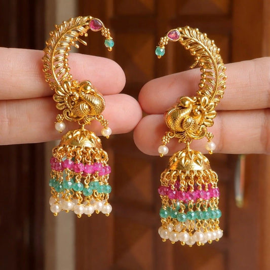 Premium Quality Jhumka  With Traditional Peacock Pattern with hanging Pink and Green Crystal Beads also Pearls J0050-CS44