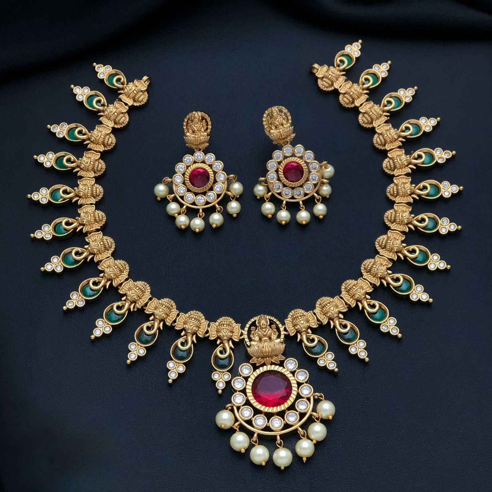 Premium  Quality Traditional Ganesh Necklace designed with Emerald Stone and Ruby stones N0122-CJ101