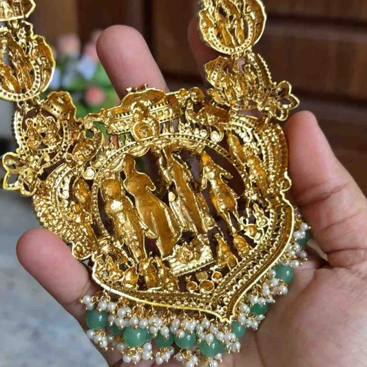 Premium 1ST Quality  Traditional Srivasa Kalyanam Haram 21 inch long Heavy Haram With Hanging Green And White pearls H0025-CE400