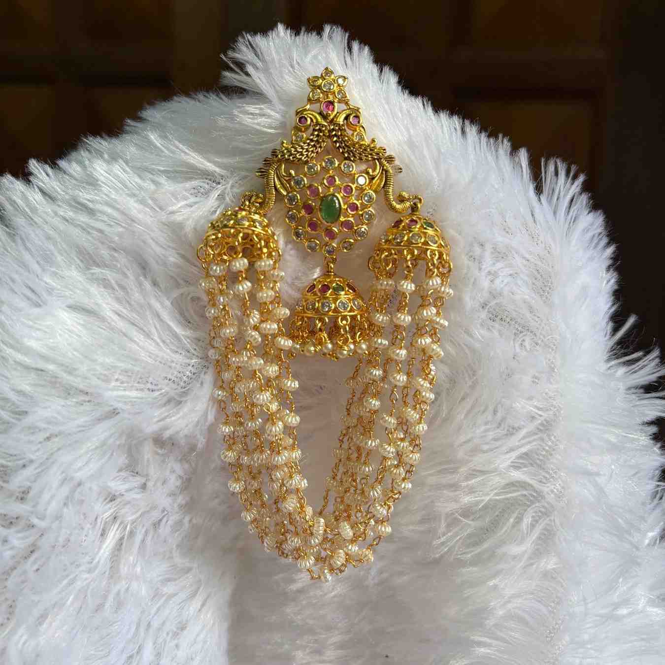 Premium Quality AD White Stone Kemp Stone Hair Jewel With jhumka in the middle hanging pearls HA0020-CS50