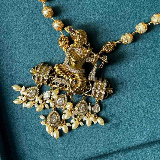 Premium Quality Traditional Pearl Haram 21 inch long Haram With KRISHNA Pendent designed with Polka Diamonds H0026-CS130