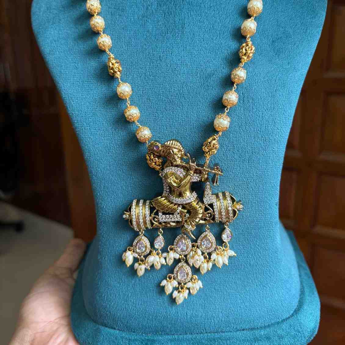 Premium Quality Traditional Pearl Haram 21 inch long Haram With KRISHNA Pendent designed with Polka Diamonds H0026-CS130