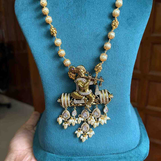 Premium Quality Traditional Pearl Haram 21 inch long Haram With KRISHNA Pendent designed with Polka Diamonds H0026-CS130