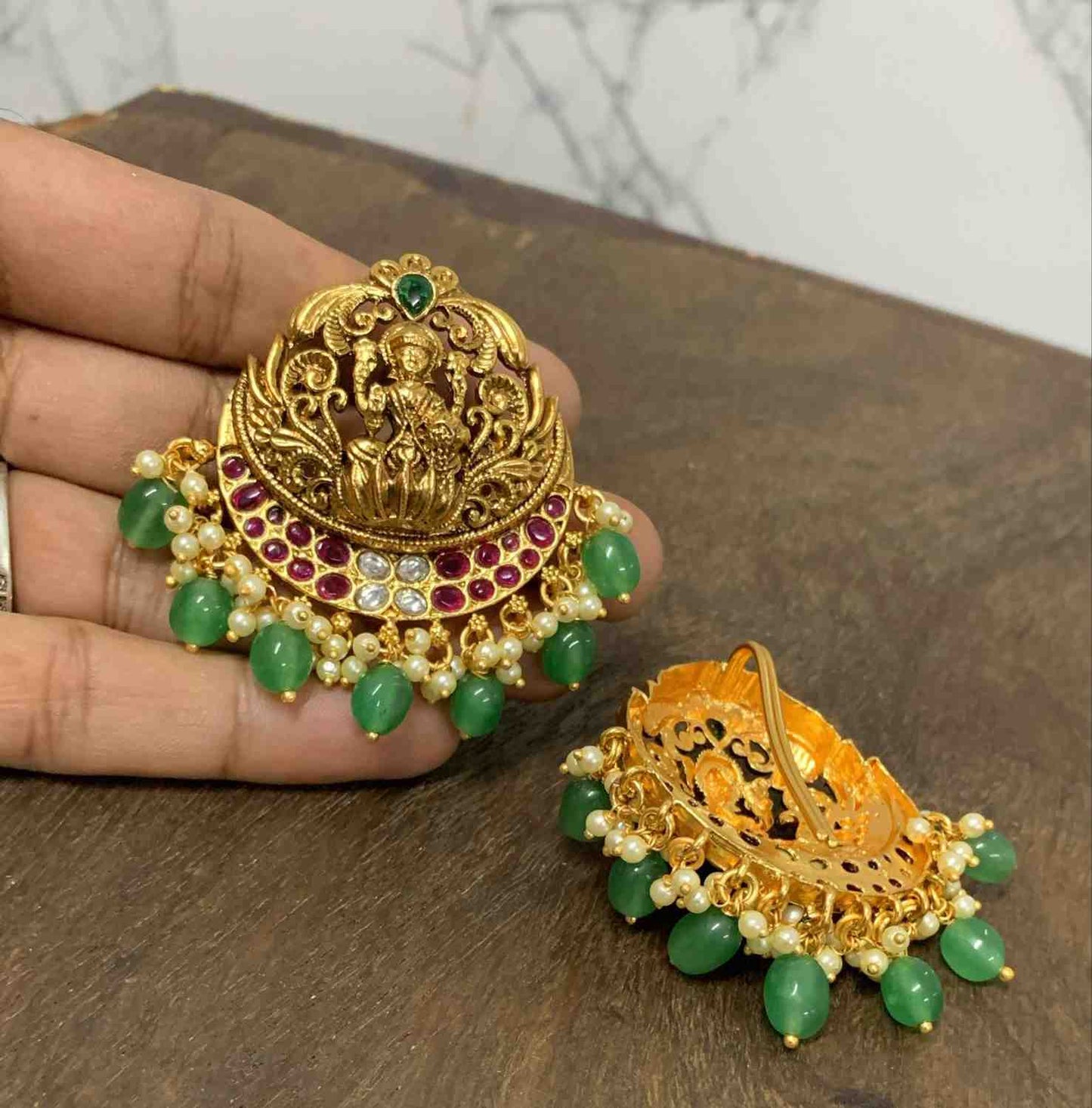 Premium Quality Hair accessories designed with Real Red kemp Stones Lakshmi & floral pattern green  hanging HA0027-CR60