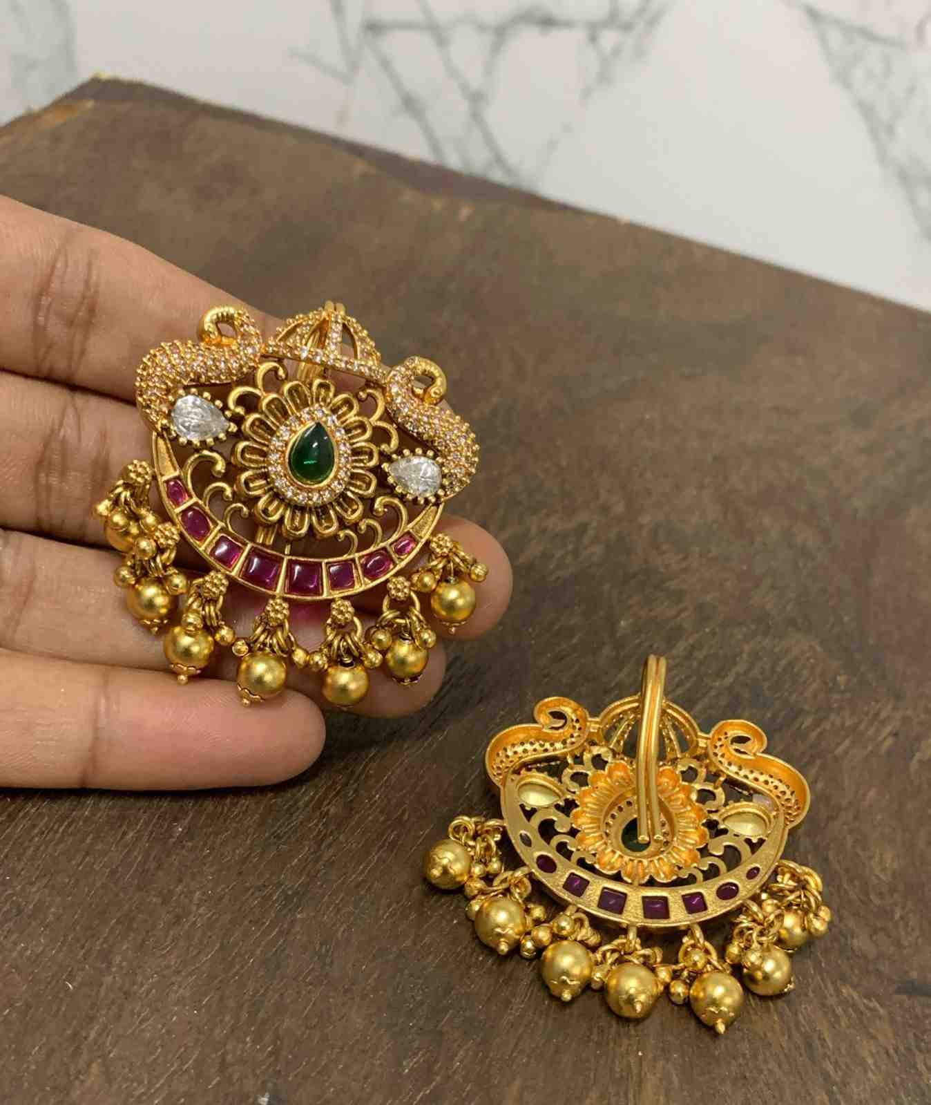 Premium Quality Hair accessories designed with  AD Stone Real Red kemp Stones  floral pattern gold bead hanging HA0028-CR68