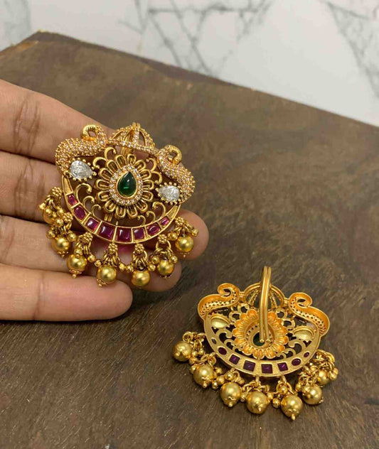 Premium Quality Hair accessories designed with  AD Stone Real Red kemp Stones  floral pattern gold bead hanging HA0028-CR68