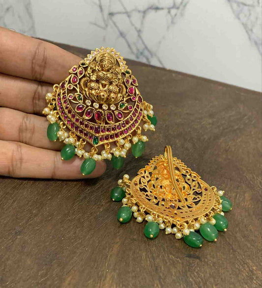 Premium Quality Hair accessories designed with Real Red kemp Stones Lakshmi & floral pattern green  hanging HA0026-CR60