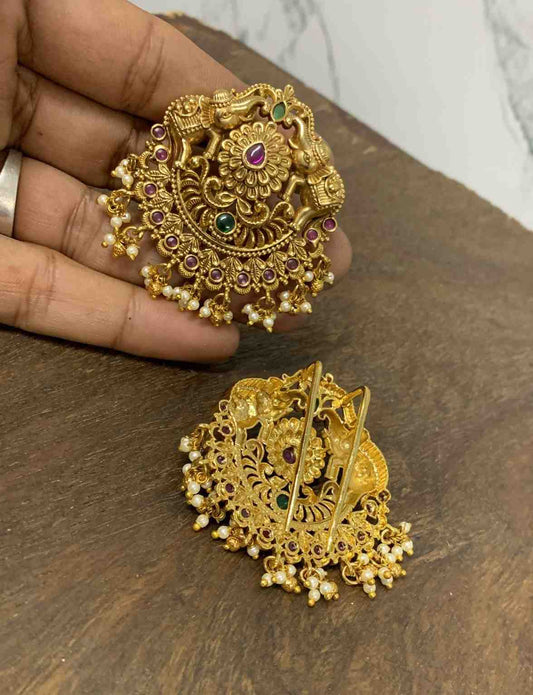 Premium Quality Hair accessories designed with Ruby Stones Elephant & floral pattern with gold white bead hanging HA0025-CR63