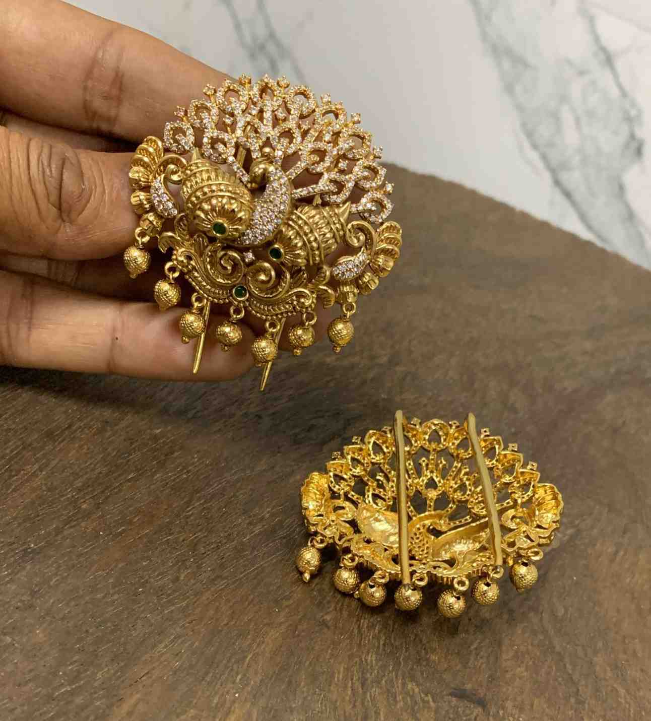 Premium Quality Hair accessories designed with AD Stones  Peacock floral pattern with gold bead hanging HA0024-CR70