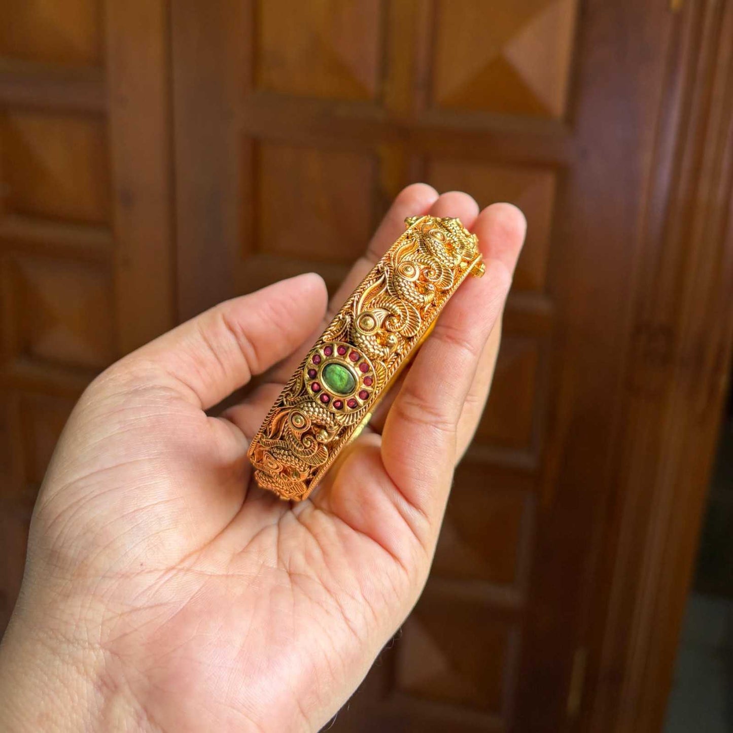 Premium Quality Lakshmi Peacock Floral Pattern Single Openable kada with Ruby Red Stone K0020-CV68