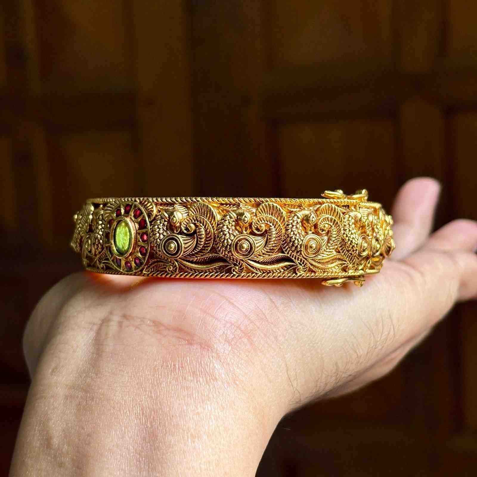 Premium Quality Lakshmi Peacock Floral Pattern Single Openable kada with Ruby Red Stone K0020-CV68