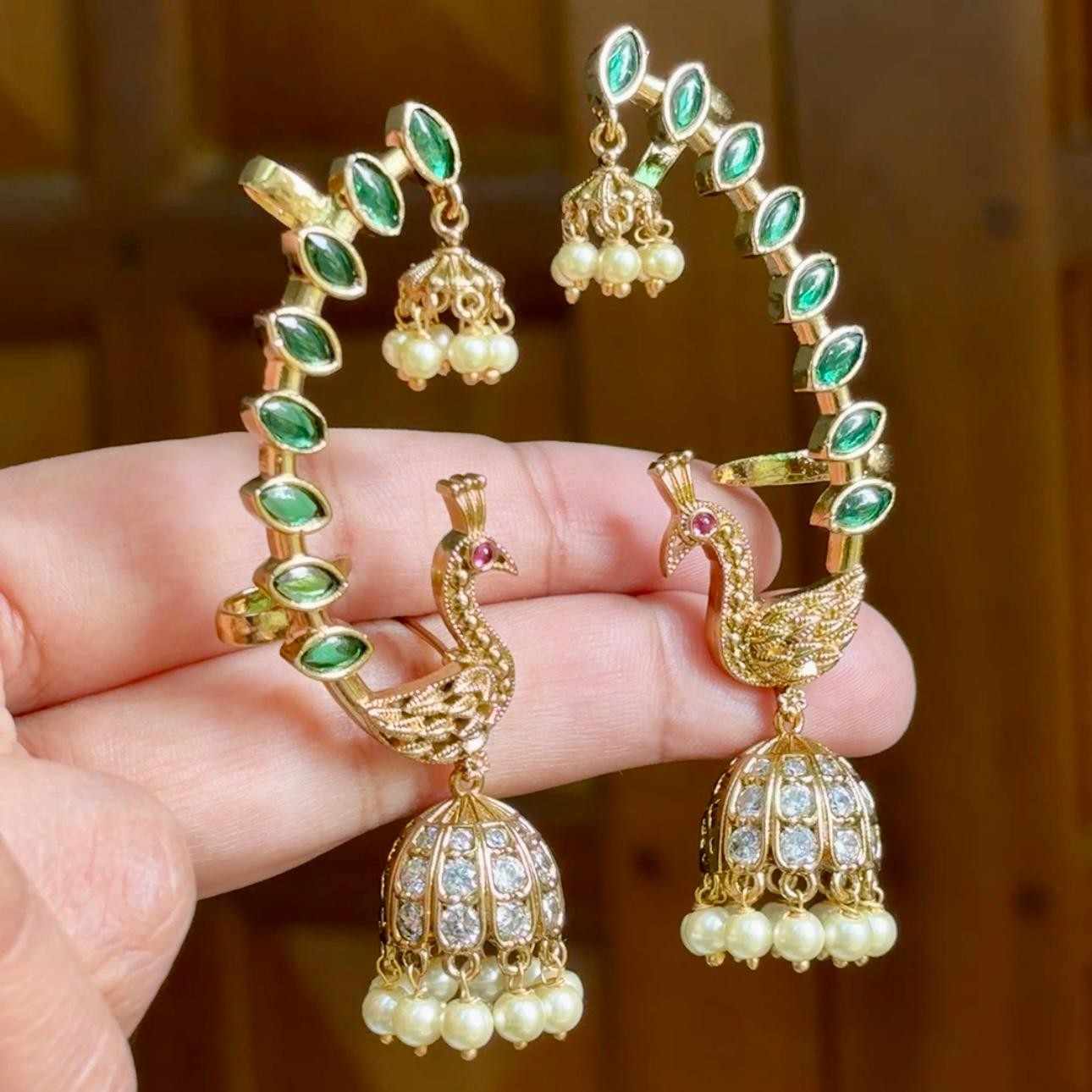 Premium Quality Ear cuff Jhumka With Emerald color kemp stones Peacock Design With 2 hold at back J0056-NJ60