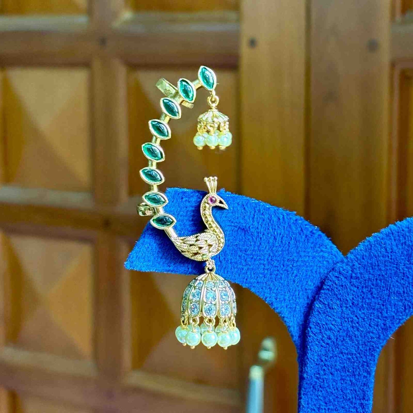 Premium Quality Ear cuff Jhumka With Emerald color kemp stones Peacock Design With 2 hold at back J0056-NJ60