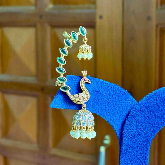 Premium Quality Ear cuff Jhumka With Emerald color kemp stones Peacock Design With 2 hold at back J0056-NJ60