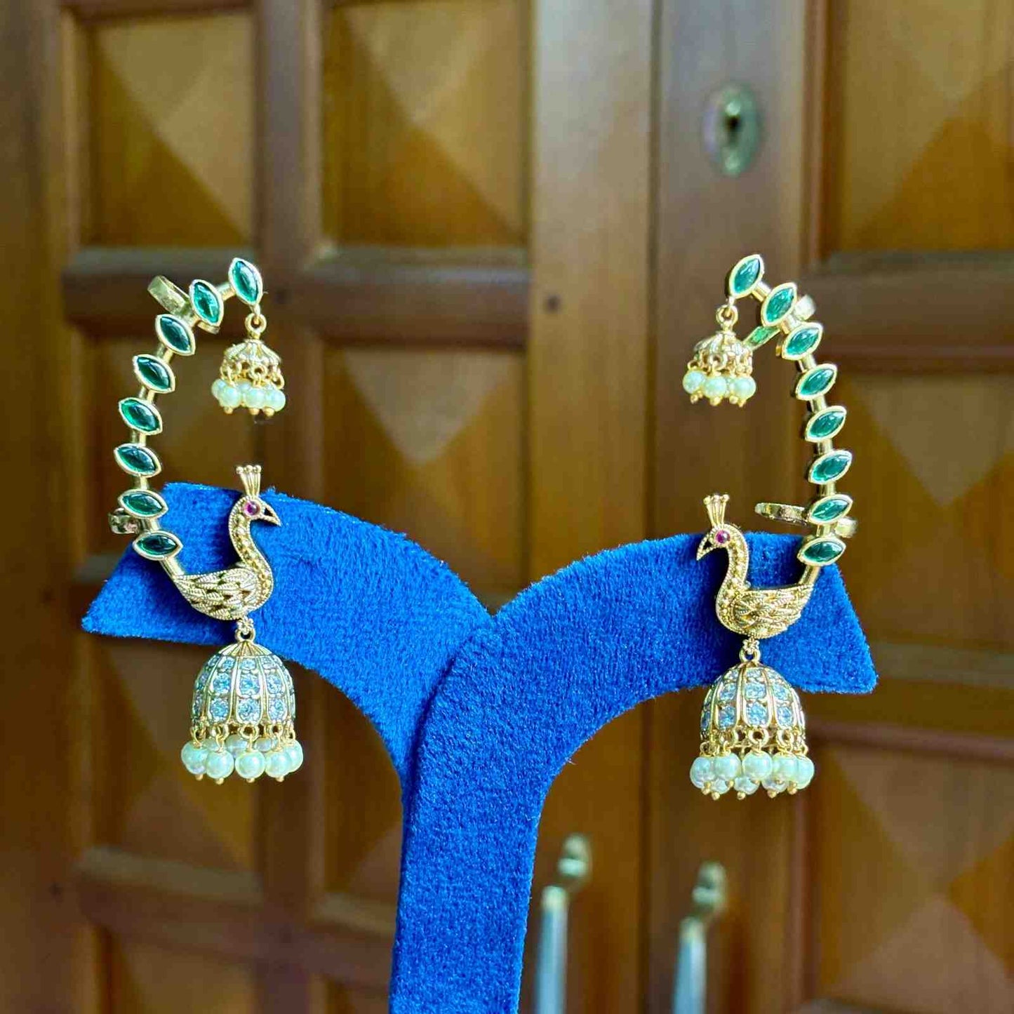 Premium Quality Ear cuff Jhumka With Emerald color kemp stones Peacock Design With 2 hold at back J0056-NJ60