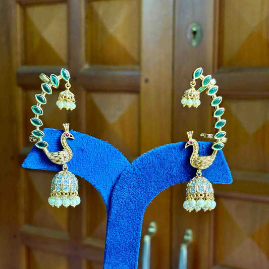 Premium Quality Ear cuff Jhumka With Emerald color kemp stones Peacock Design With 2 hold at back J0056-NJ60