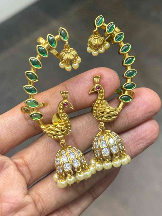 Premium Quality Ear cuff Jhumka With Emerald color kemp stones Peacock Design With 2 hold at back J0056-NJ60