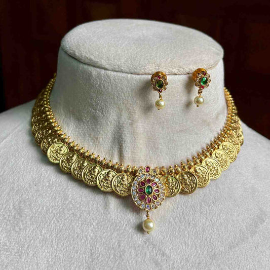 Premium Quality MicroPlated Necklace With Lakshmi Kasu With kemp stones in the middle N0130-NJ36