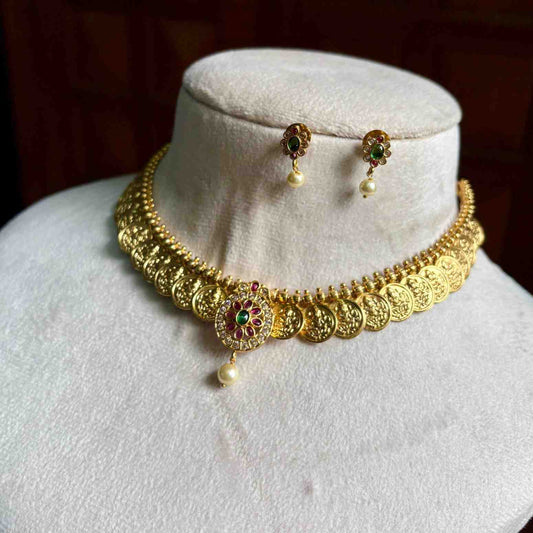 Premium Quality MicroPlated Necklace With Lakshmi Kasu With kemp stones in the middle N0130-NJ36