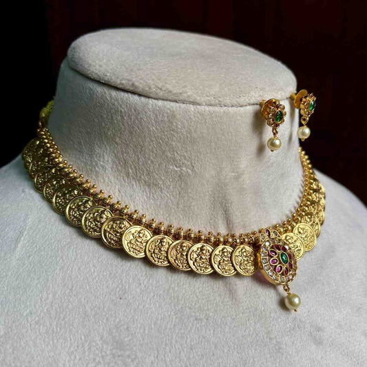 Premium Quality MicroPlated Necklace With Lakshmi Kasu With kemp stones in the middle N0130-NJ36