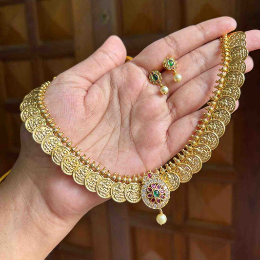 Premium Quality MicroPlated Necklace With Lakshmi Kasu With kemp stones in the middle N0130-NJ36