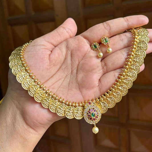 Premium Quality MicroPlated Necklace With Lakshmi Kasu With kemp stones in the middle N0130-NJ36