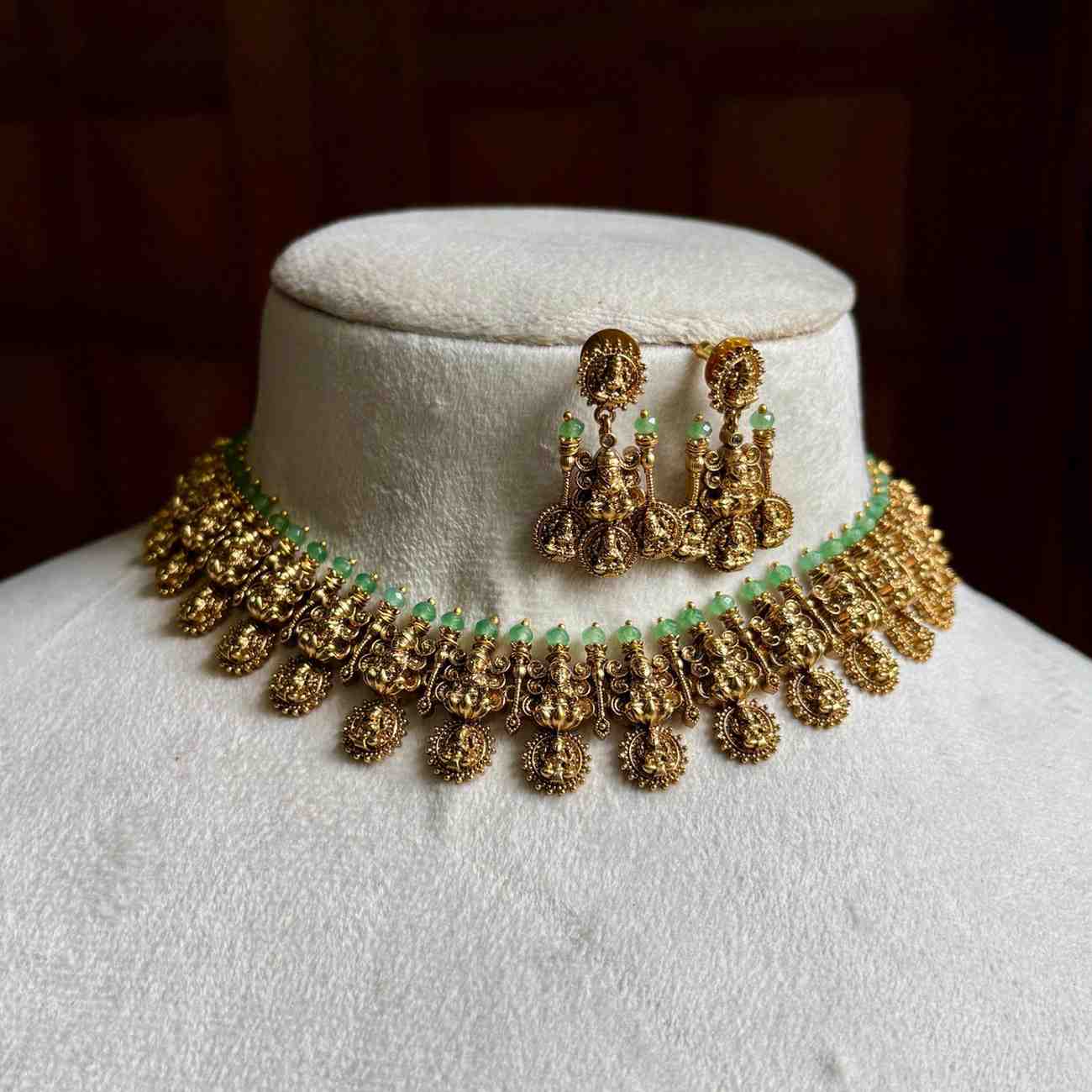 Premium Quality Nagas Antique Polish Lakshmi Necklace With Green crystal on top  N0131-NJ100