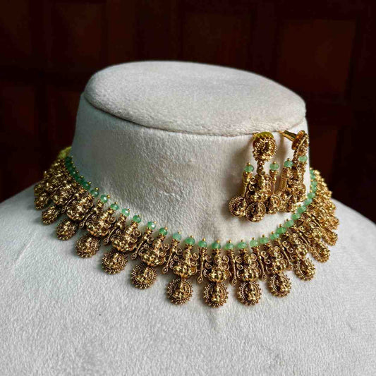 Premium Quality Nagas Antique Polish Lakshmi Necklace With Green crystal on top  N0131-NJ100