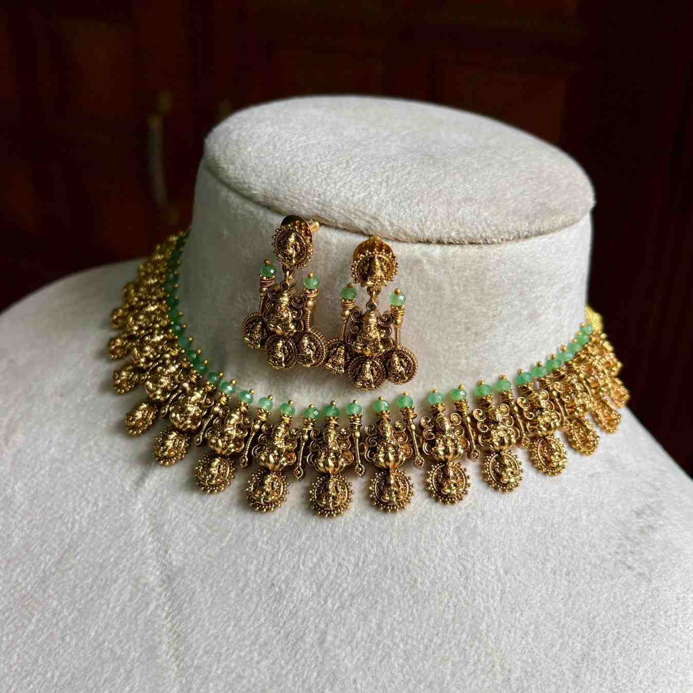 Premium Quality Nagas Antique Polish Lakshmi Necklace With Green crystal on top  N0131-NJ100