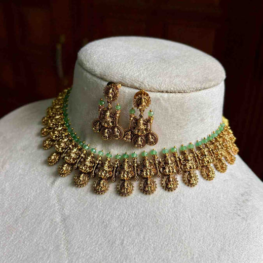 Premium Quality Nagas Antique Polish Lakshmi Necklace With Green crystal on top  N0131-NJ100