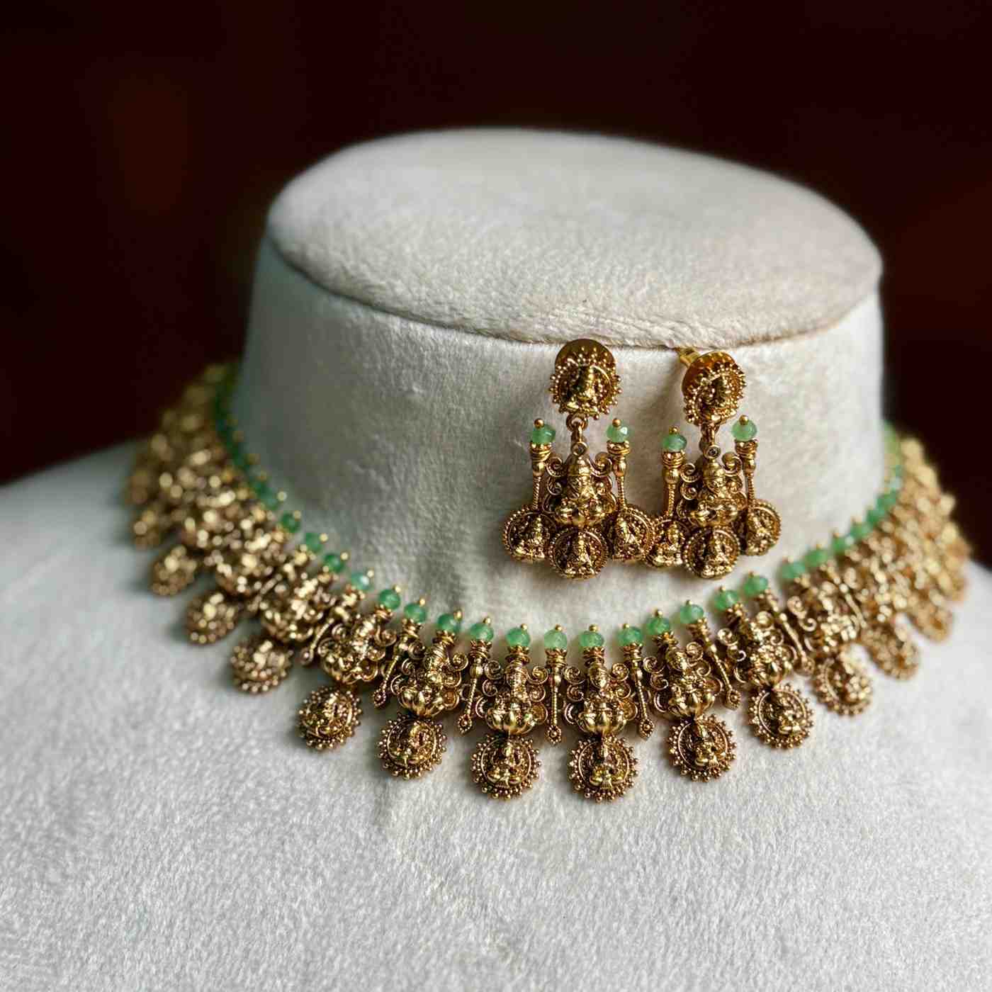 Premium Quality Nagas Antique Polish Lakshmi Necklace With Green crystal on top  N0131-NJ100