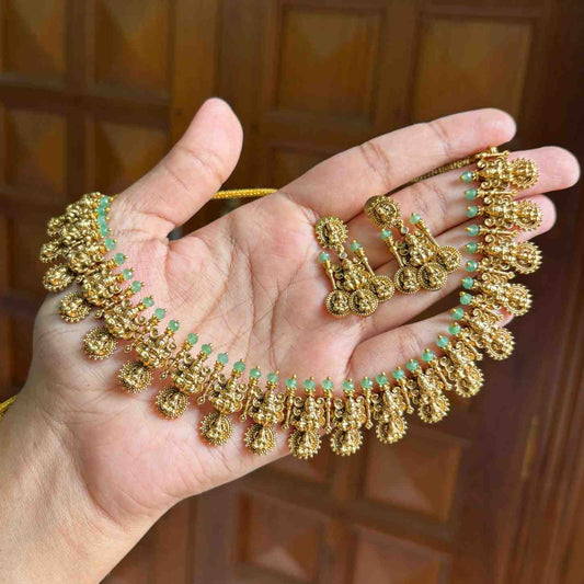 Premium Quality Nagas Antique Polish Lakshmi Necklace With Green crystal on top  N0131-NJ100