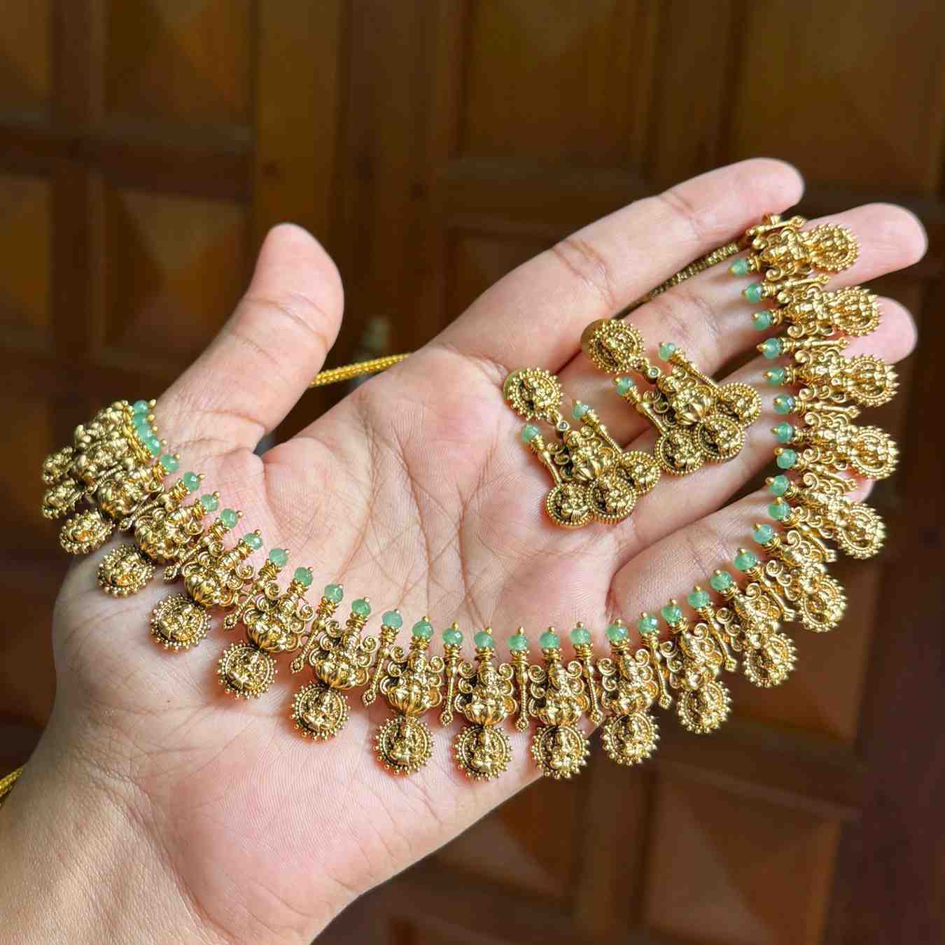 Premium Quality Nagas Antique Polish Lakshmi Necklace With Green crystal on top  N0131-NJ100