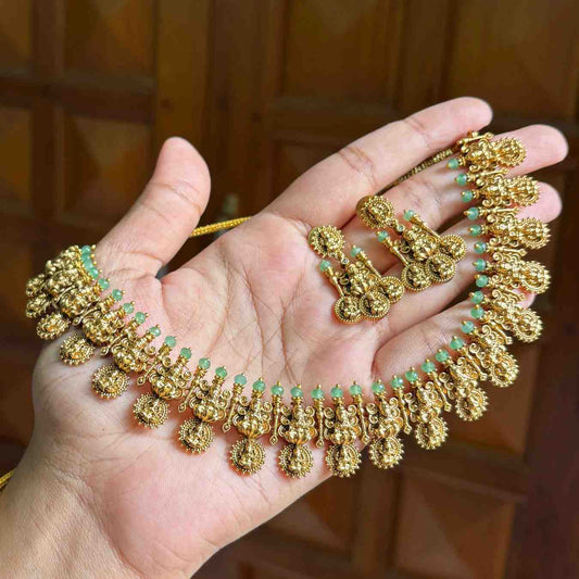 Premium Quality Nagas Antique Polish Lakshmi Necklace With Green crystal on top  N0131-NJ100