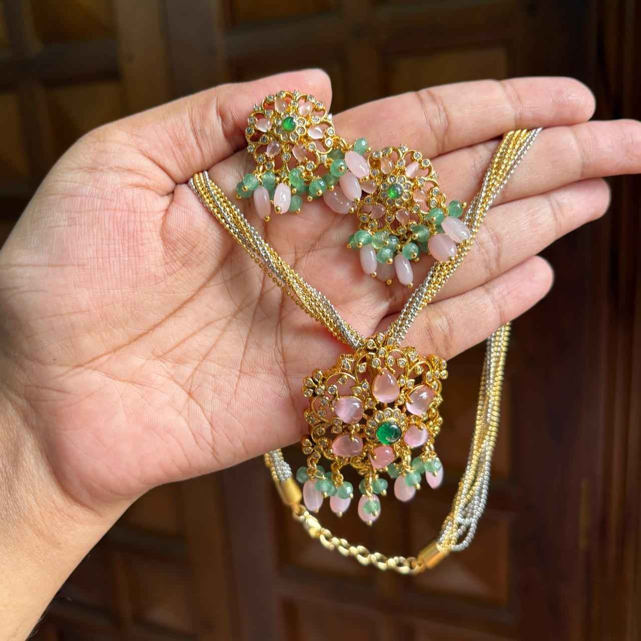 Premium Quality Italian Chain Necklace with Pastel pink Sea blue Pendent Necklace N0133-CR110