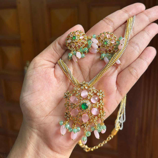 Premium Quality Italian Chain Necklace with Pastel pink Sea blue Pendent Necklace N0133-CR110