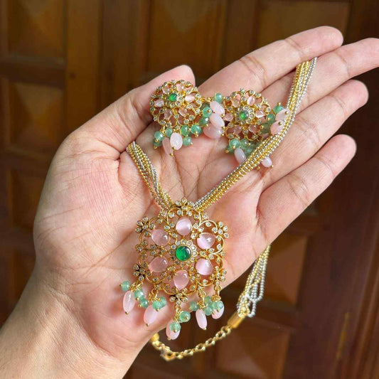 Premium Quality Italian Chain Necklace with Pastel pink Sea blue Pendent Necklace N0133-CR110