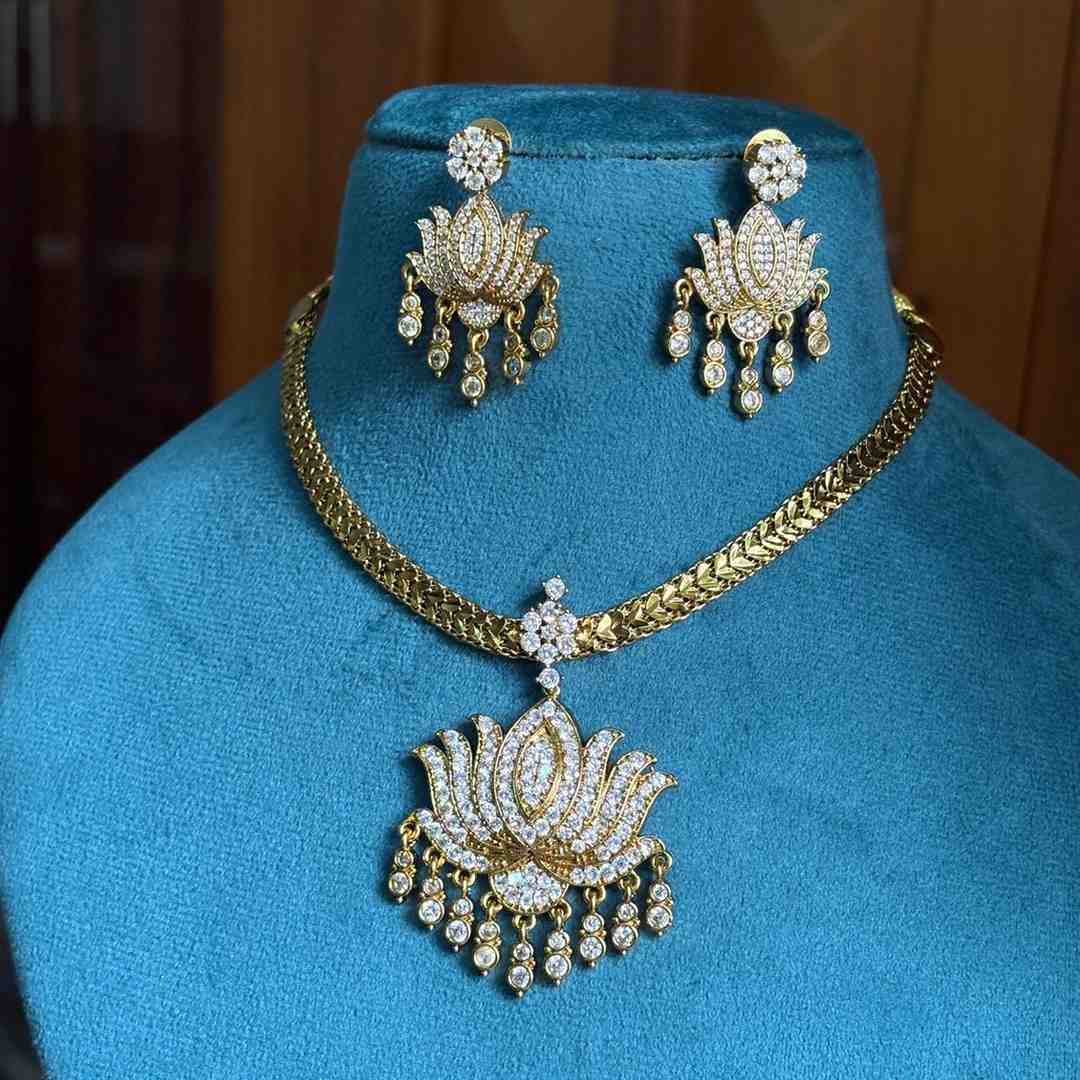 Premium Quality 80's Attigai AD White Stone Lotus Necklace with earrings N0134-NJ56