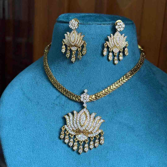 Premium Quality 80's Attigai AD White Stone Lotus Necklace with earrings N0134-NJ56