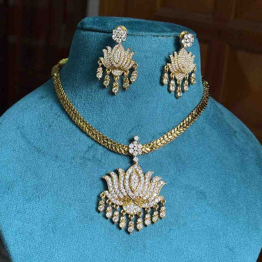 Premium Quality 80's Attigai AD White Stone Lotus Necklace with earrings N0134-NJ56