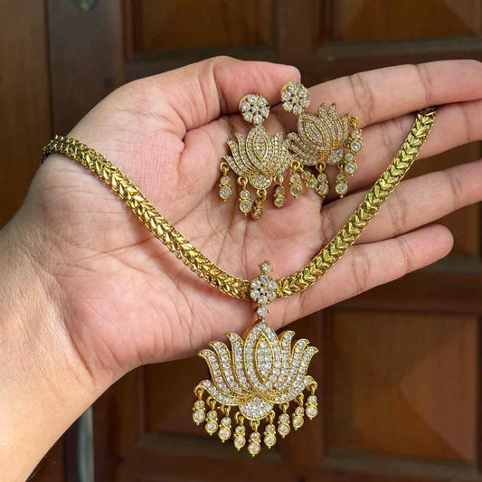Premium Quality 80's Attigai AD White Stone Lotus Necklace with earrings N0134-NJ56