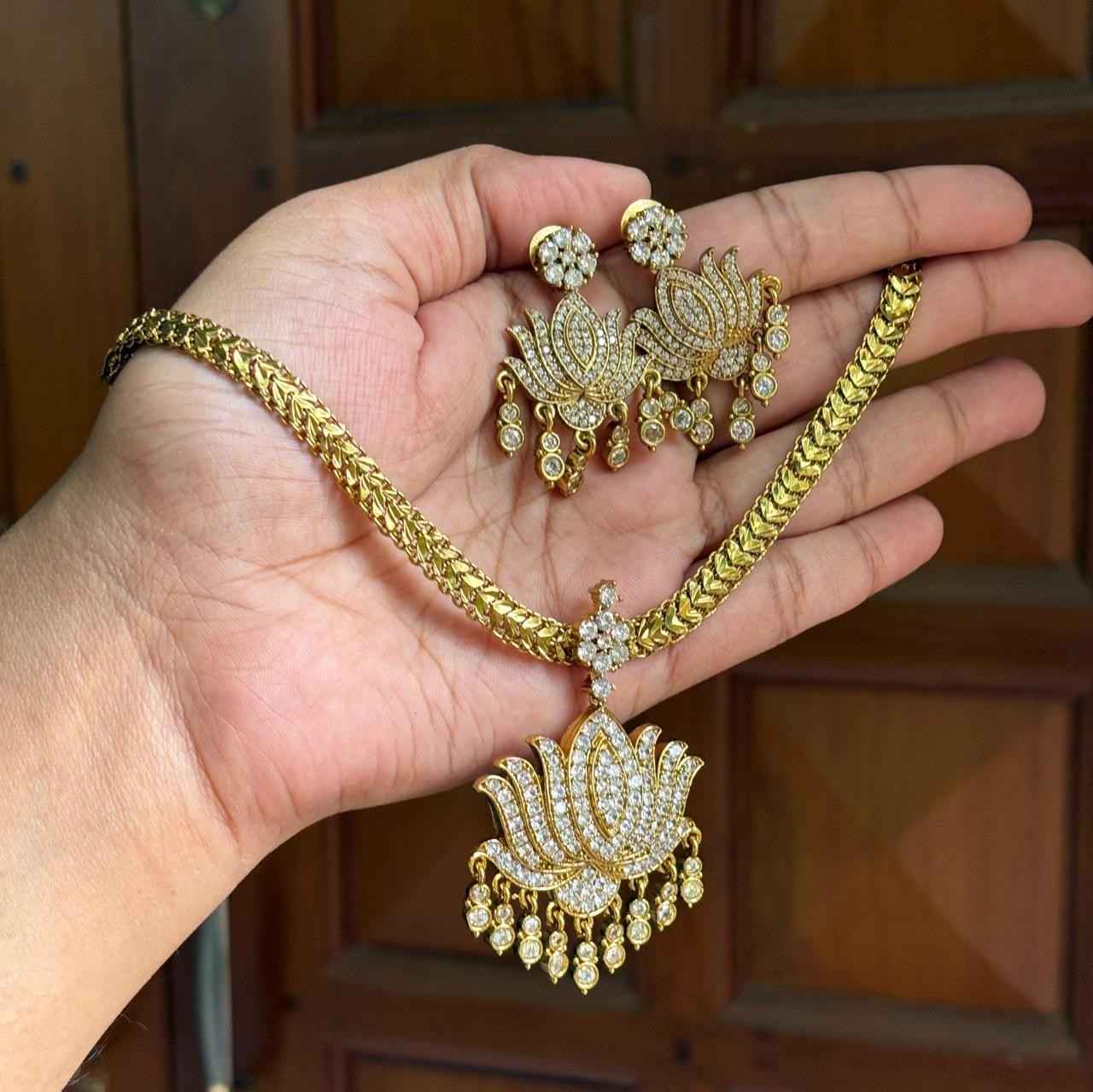 Premium Quality 80's Attigai AD White Stone Lotus Necklace with earrings N0134-NJ56