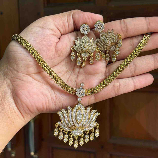 Premium Quality 80's Attigai AD White Stone Lotus Necklace with earrings N0134-NJ56