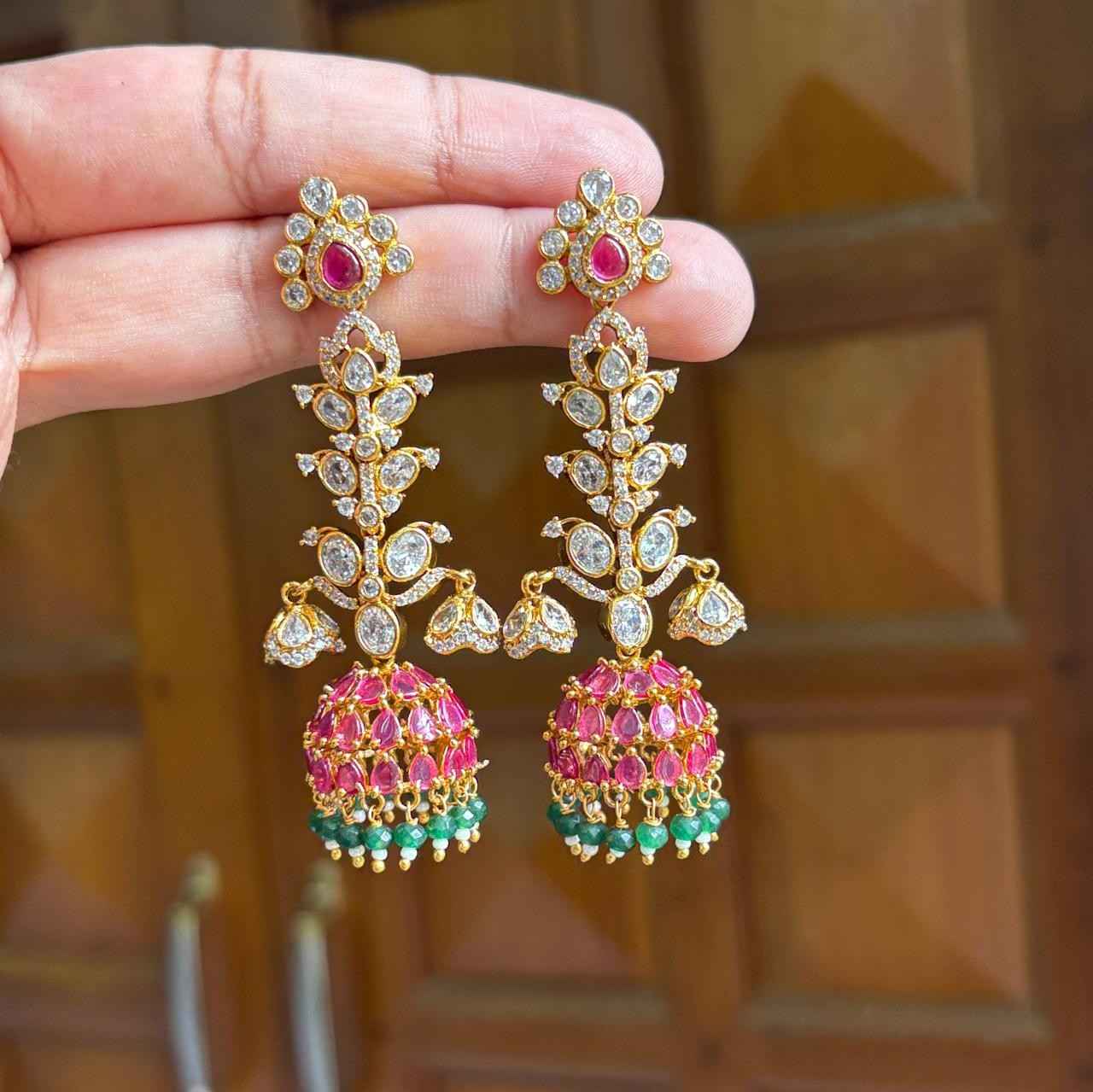 Premium Quality Floral Jhumka desgined With Ruby color kemp stones AD Stones Polka Diamonds with green crystal hanging J0057-NJ63