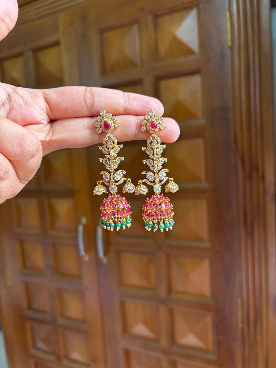 Premium Quality Floral Jhumka desgined With Ruby color kemp stones AD Stones Polka Diamonds with green crystal hanging J0057-NJ63