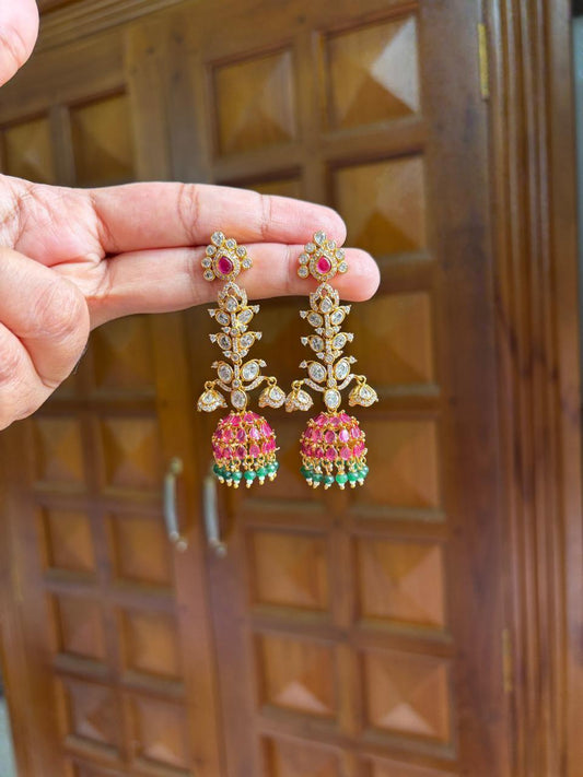 Premium Quality Floral Jhumka desgined With Ruby color kemp stones AD Stones Polka Diamonds with green crystal hanging J0057-NJ63
