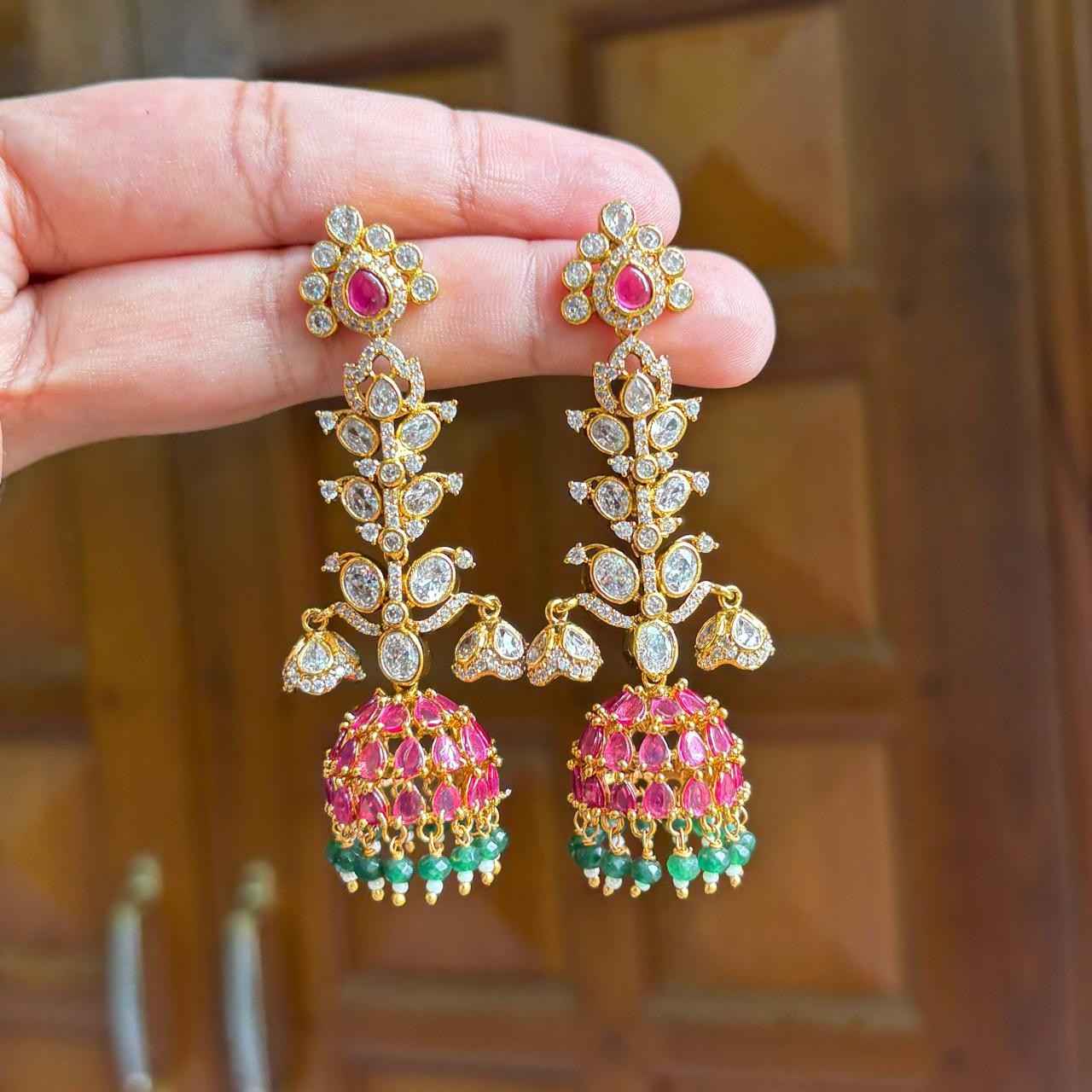 Premium Quality Floral Jhumka desgined With Ruby color kemp stones AD Stones Polka Diamonds with green crystal hanging J0057-NJ63
