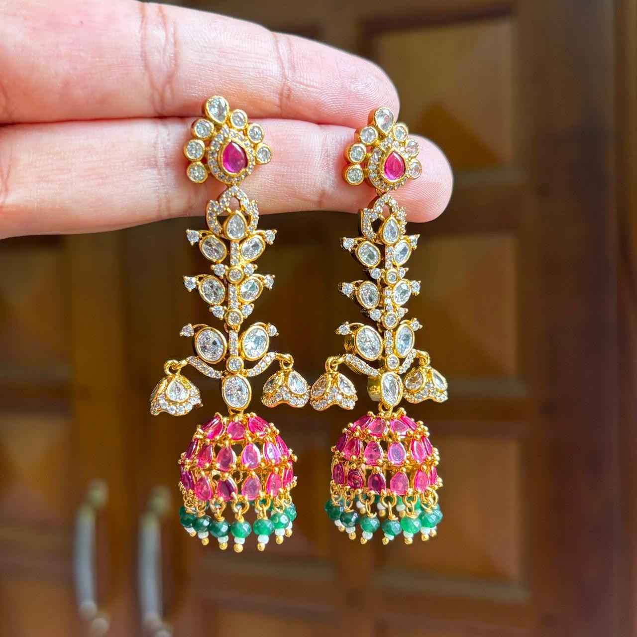 Premium Quality Floral Jhumka desgined With Ruby color kemp stones AD Stones Polka Diamonds with green crystal hanging J0057-NJ63